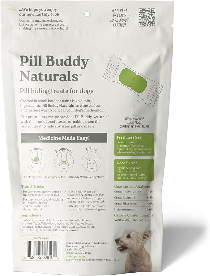 Presidio Earthly Pill Buddy Naturals - PB & Apple Recipe Pill Hiding Treats for Dogs - Make A Perfect Pill Concealing Pocket Or Pouch for Any Size Medication - 30 Servings (Pack of 3)