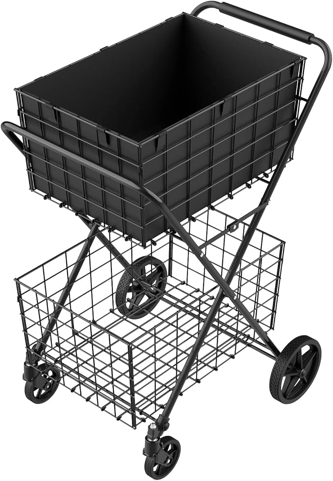 𝐍𝐄𝐖 2-Tier Large Collapsible Grocery Cart On Wheels 400lbs Shopping Cart | for Groceries with 2 Removable Baskets, Waterproof Liner, Heavy Duty Foldable Shopping Utility Cart for Seniors