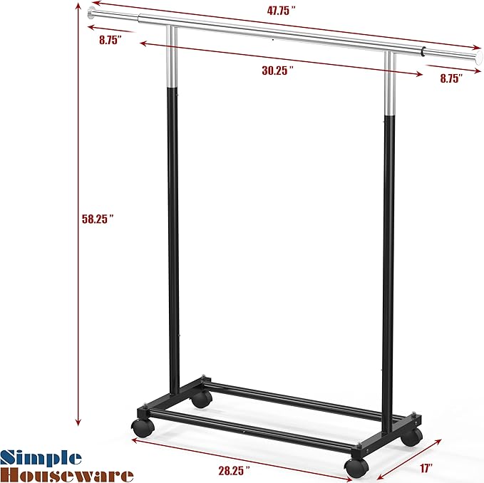 Simple Houseware Standard Rod Garment Clothing Rack, Black | Single Rail, Extendable Width from 30 to 47 Inches, Rolling Clothing Organizer for Bedroom, Laundry, Living Room
