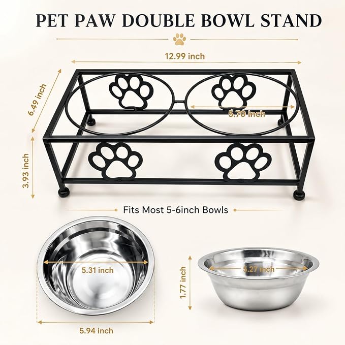 Raised Dog Bowls for Small Dogs, Elevated Bowl Stand Stainless Steel Dishes | Small Dog Bowl Stand with Two Thickened 5.3 Inch Stainless Steel Food Bowls, Raised Dog Dishes for Small & Medium Dogs, Black