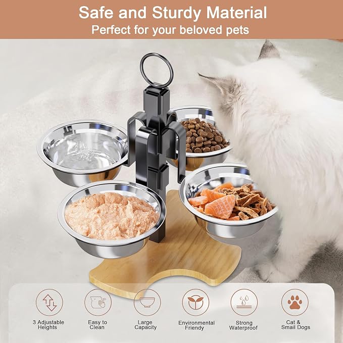 Elevated Cat Bowls 3 Adjustable Height 4 Stainless Steel Cats&Dogs | Pet Elevated Raised Cat Food and Water Bowls 3 Adjustable Heights 4 Stainless Steel Bowls for Indoor Cats Small Dogs