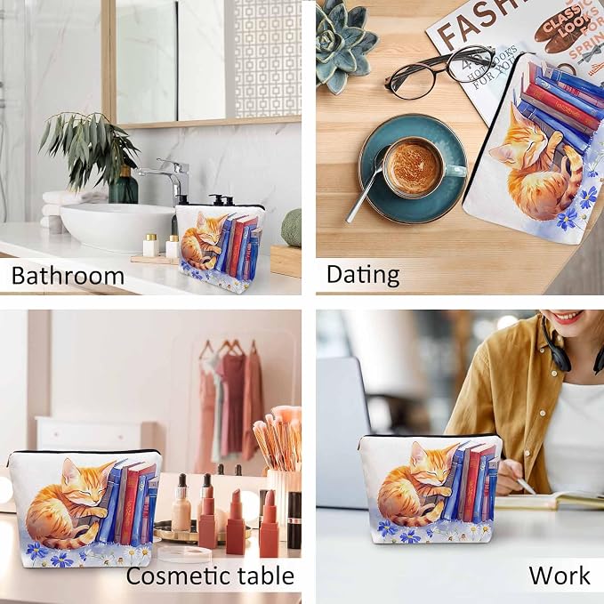 Cat Cosmetic Travel Bag For Toiletries, Funny Cat Kitten Sleep Floral Library Bookshelf Makeup Bag Toiletry Bags For Women, Flax Cosmetic Bags Make Up Bag Purse Toiletries Bag Birthday Gift