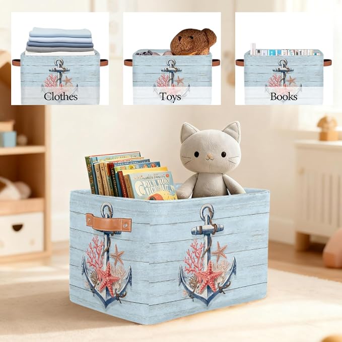 Pardick Storage Baskets Bin, Woodanchor Starfish Collapsible Canvas Fabric Storage Bin Decorative Baskets Toy Organizer Rectangle Storage Boxes with handles for Home Shelves Nursery,Q-5