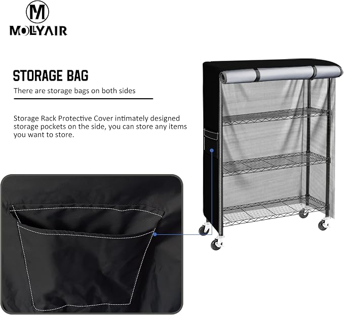 Wire Shelf Cover 36x18x54 Heavy Duty 600D Dustproof Storage Rack Cover | shelving cover side pockets for tools, inner Velcro fixation for stability, for a clean and organized storage