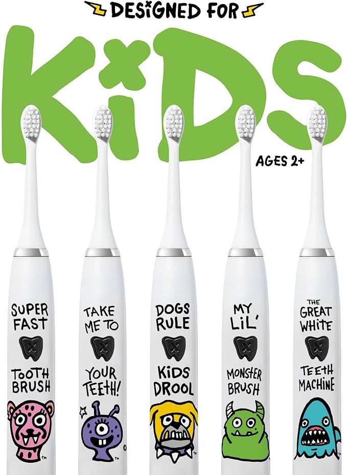 Made by Dentists Kids Electric Toothbrush - Rechargeable Vibrating Toothbrush with Timer, Includes 6 Replacement Heads, Gently Cleans Teeth, Kid & Toddlers Age 2+, Monster