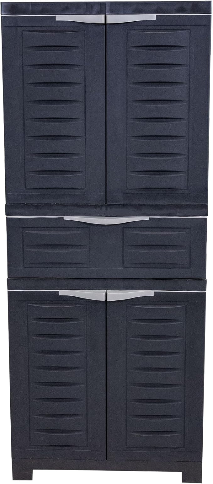 Sunnydaze 57" Garage Storage Cabinet with Doors & Shelves, Charcoal | Heavy Duty Resin Storage Cabinet Resists Rust & Peeling, Utility Cabinet with Drawer & Anti-Tip Kit for Laundry, Office