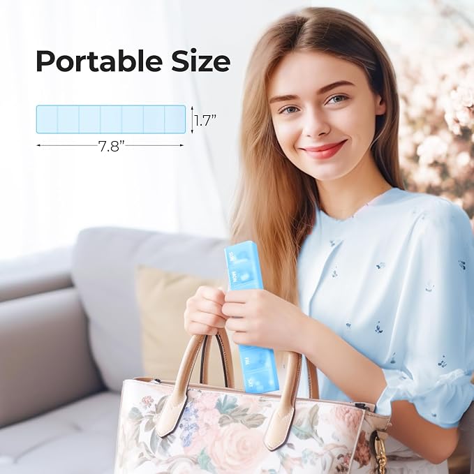 AUVON Weekly Pill Organizer with Effortless Opening Design, BPA-Free | Arthritis Friendly Pill Box, Cute Pill Organizer 7 Day, Portable Pill Case for Vitamins, Supplements and Medications, Blue