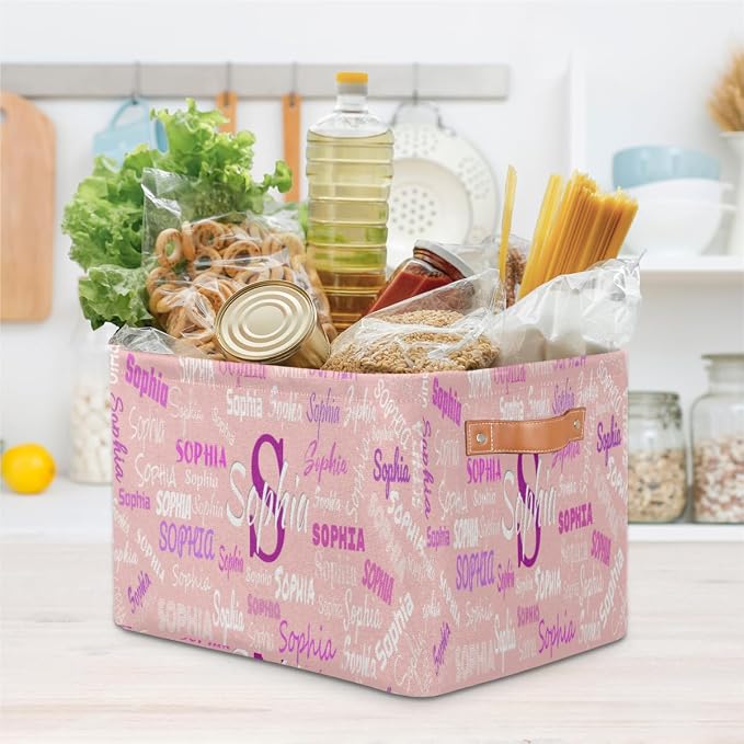 Custom Storage Baskets Named, Personalized Storage Bin Basket Boxes PU Leather Handles for Clothes Bedroom Closet Organizing Toys Books Shelves, Light Pink Solid Background