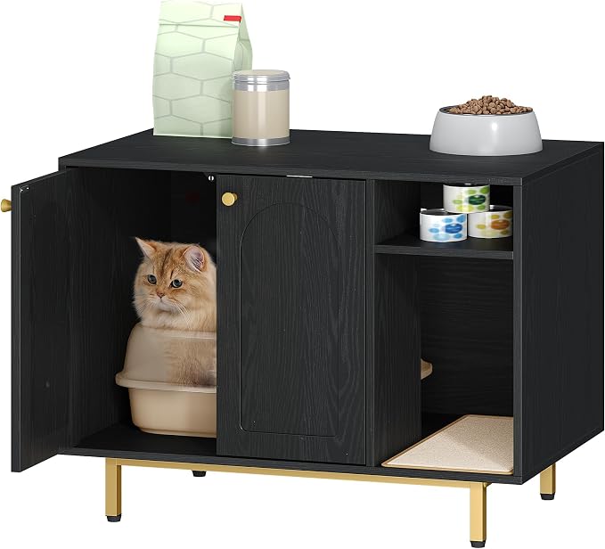 Hzuaneri Cat Litter Box Enclosure, Hidden Litter Box Furniture with Storage | Large Wooden Cabinet with Sisal Mat, Modern Cat Washroom for Living Room, Bedroom, Entryway, Black and Gold CB01504G