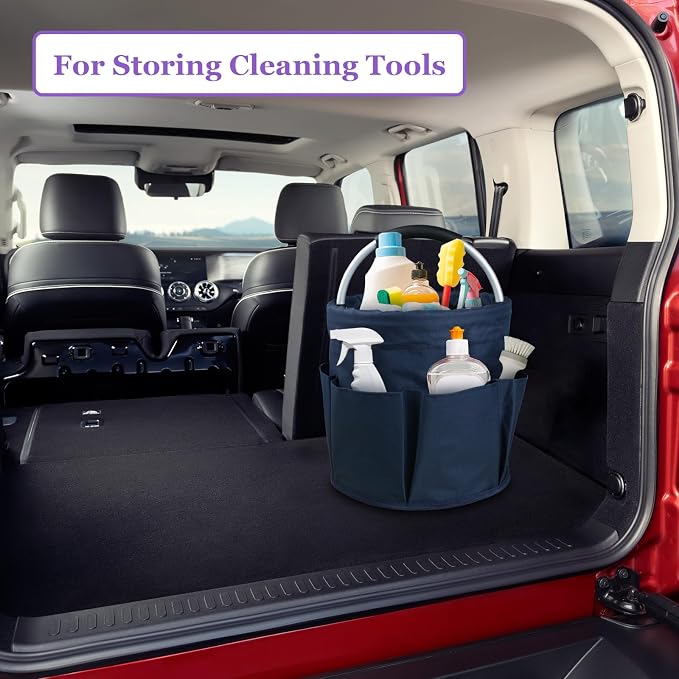 17L Cleaning Caddy with Handle, Portable Shower Caddy in 600D Oxford Fabric, Bucket Tool Organizer with 6 Side Pockets, Collapsible Storage Basket for Cleaning, Camping, Navy Blue