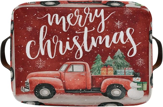 Christmas Red Snowman Truck Print Rectangular Storage Bin Basket with Handles - Laundry Storage Basket Organizer Bins for Pets Room Books Closet