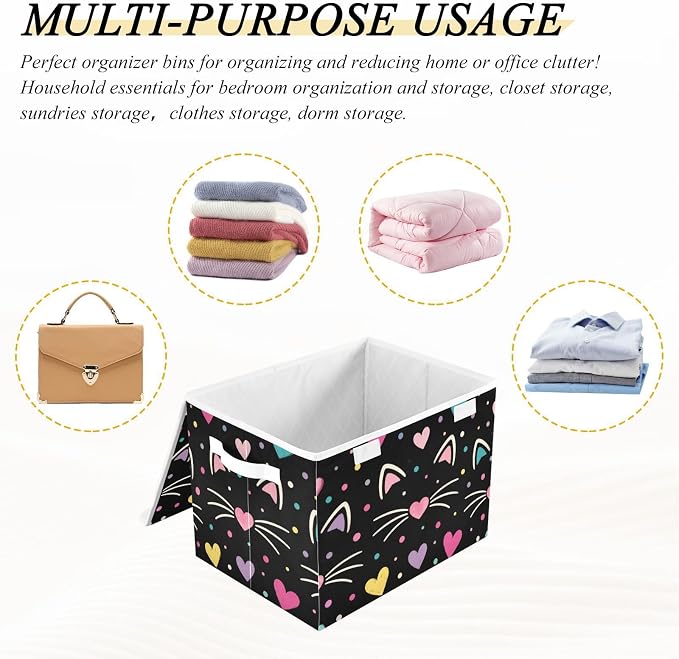 Cat Heart Fabric Storage Bins with Lid Foldable Decorative Storage Boxes | Decorative Storage Boxes, Foldable & Stackable, Dust-Proof Flip Top, Reinforced Handles, For Home & Dorm, Clothes & Toy Box