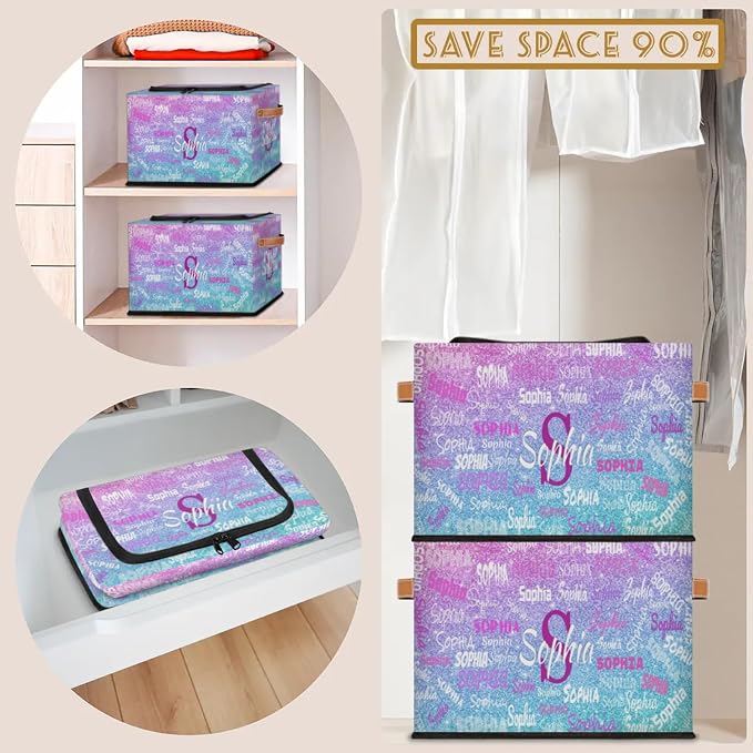 Custom Storage Baskets Named with Zipper Lid, Pink with Blue Bling Glitters Personalized Storage Bins Basket Boxes PU Leather Handles for Clothes Bedroom Closet Organizing Toys Books Shelves