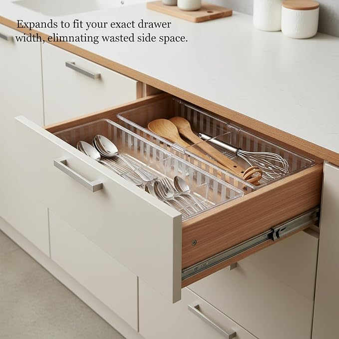 Expandable Drawer Divider Organizer, Adjustable PET Plastic Insert for Dresser or Kitchen Drawers