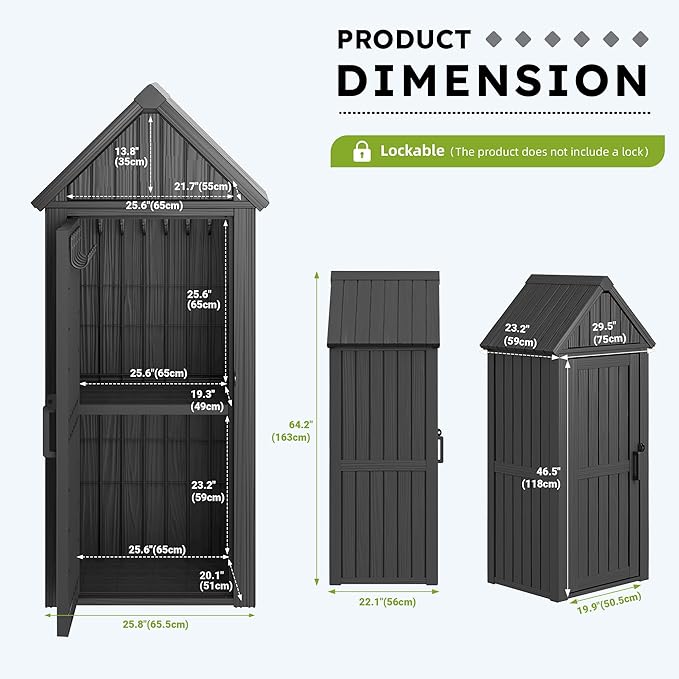 Vertical Outdoor Storage Shed, Waterproof Resin Outdoor Storage Cabinet with Removable Shelves & 12 Hooks, Lockable Small Tool Shed for Garden, Backyard, Patio, Pool, Classic Black
