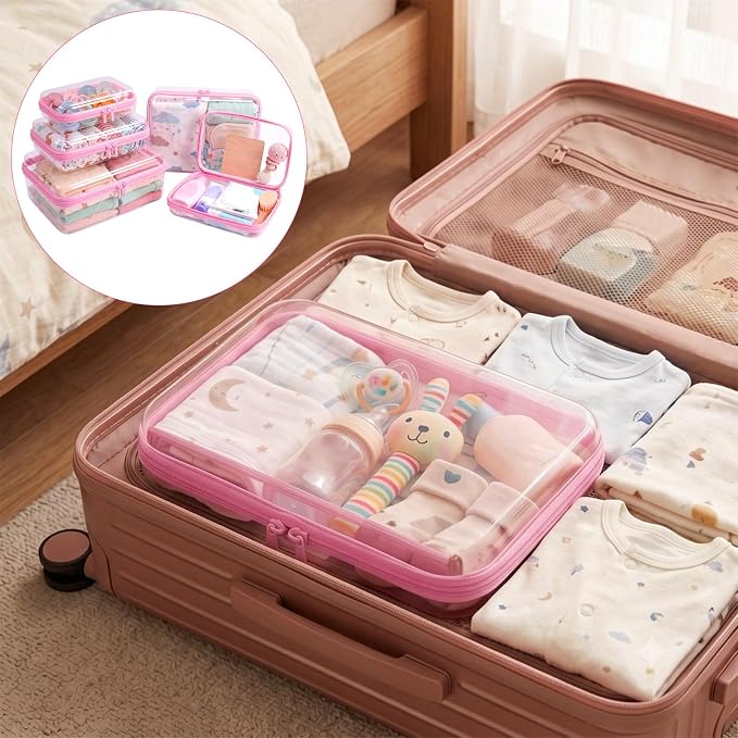 5 Pack Clear Hard Shell Zipper Diaper Bag Organizer Pouches (Pink)