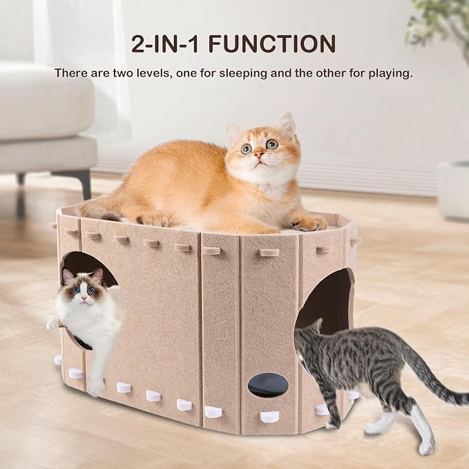 Largre Heated Cat House for Indoor & Outside Cats,Heated Pet Bed with Timer & Temp Adjustable Heating Pad for Indoor Kitty, Scratch Resistant Caves(23 * 12 * 13inch)