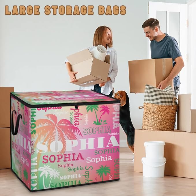 Custom Name Large Storage Bin with Lid, Personalized Storage Basket with Zippers Comforters, Blankets, Bedding Closet Shelf Baskets, Green Pink Tropical Palm Trees Gradient Pink Green Background