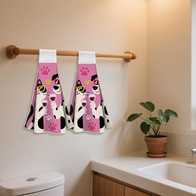 CUTHOLLOW Cartoons Cat and Dog Hanging Kitchen Towels with Loop, Set of 2 - Soft & Absorbent Microfiber Decorative Hand & Hanging Dish Towels for Kitchen, Tea Towel Hang on Oven Door, Stove Handle