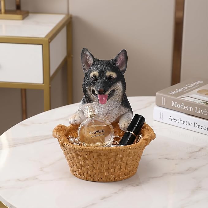 Black Shiba Inu Candy Bowl, Resin Dog Figurine Key Bowl for Entryway Table, Desktop Storage Basket Organizer for Desk, Unique Frenchie Lover Gift