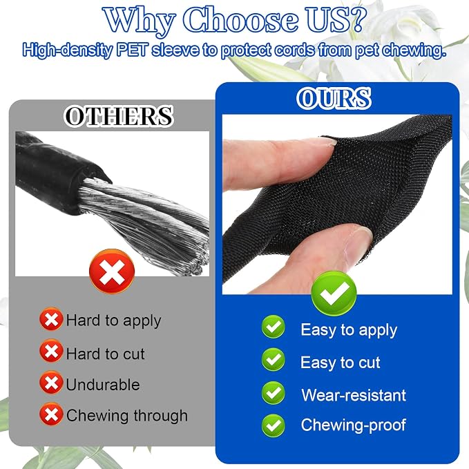 Cord Protectors from Pets No Chew 16ft - 5/16 Inch Wire Protector for Cats Cable Management Cable Sleeve Cable Organizer Cord Cover for Computer Electric Wires Phone Charging Cables Black