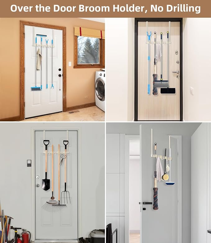Broom Holder Over The Door with Hooks -304 Stainless Steel (light beige) | Save Space, Anti-Rust & Sturdy, Mop and Broom Holder Wall Mounted or Hanging Over The Door, for Garage Laundry Kitchen