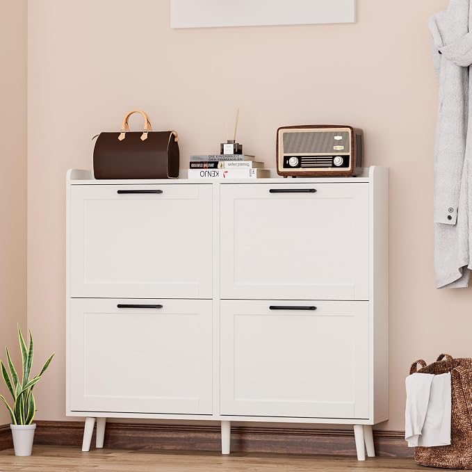 Shoe Storage Cabinet with 4 Flip Drawers, Freestanding Shoe Organizer with Adjustable Shelf & Anti-Tipping Device, Hidden Shoe Rack for Entryway, Hallway, Foyer, Lounge(White)