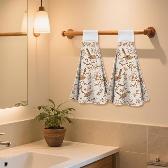 CUTHOLLOW Orange Flower and Bird Hanging Kitchen Towels with Loop, Set of 2 - Soft & Super Absorbent Microfiber Decorative Hanging Dish & Hand Towel, Tea Coffee Towel for Kitchen Bathroom Oven Handle