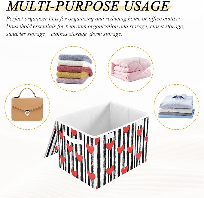 Love Stripes Storage Bin Foldable Collapsible Fabric with Lid Handles 40L | Decorative Storage Boxes, 300D Oxford Cloth, Hollow Board Frame, Flip Top Velcro Lid, 16.5x12.6x11.8 inch, Collapsible Design
