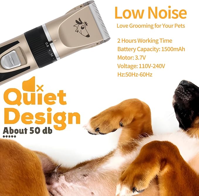 Aovdy Dog Clippers Grooming Kit, Low Noise with Rechargeable, Pet Shaver Cordless Electric Quiet Hair Thick Coats Clippers Trimmers Set for Dogs Cats Rabbit Pets (Gold A)
