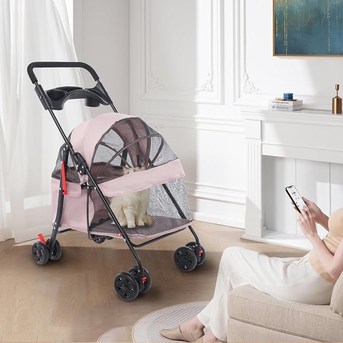 Foldable Pet Stroller with Mesh Windows, 40lbs Capacity Pet Carrier Cart with Locking Wheels, Breathable Cat & Dog Stroller for Small Animals, Foldable Pet Travel Cart for Outdoor (Pale Pinkish Grey)