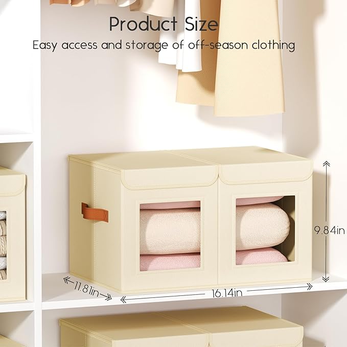 Homsorout Large Closet Storage Bins - Collapsible Divided Clothes Organizer with Lids & Dual Window, Fabric Organizing Bins for Clothes, Sweater, Bedroom, Office (Beige, 4 Pack)