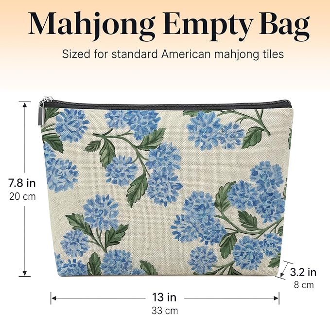 Blue Hydrangea Empty Mahjong Tile Bag 13x7.8 Inch | Blue Hydrangea Portable Travel Case Organizer Zipper Pouch for American Mahjong Tiles Game Night Accessories and Gifts