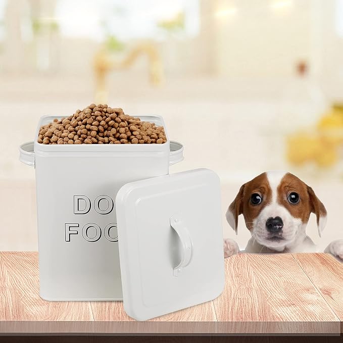 Pethiy airtight Dog Treat container bin and DOG Food Storage Tin with Lid With Handle |4-5 lbs Capacity | Serving Scoop Included -White