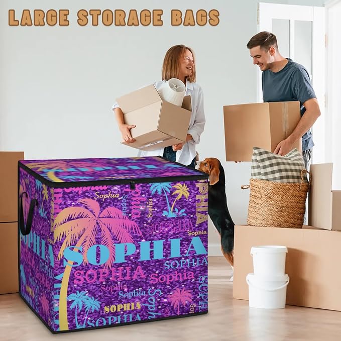 Personalized Name Large Storage Basket with Lid, Bright Purple Sequins Glittering Yellow Blue Palm Trees Storage Bins Quilt Clothes Organizer for Bedroom, Bathroom, Nursery, Shelves, Closets