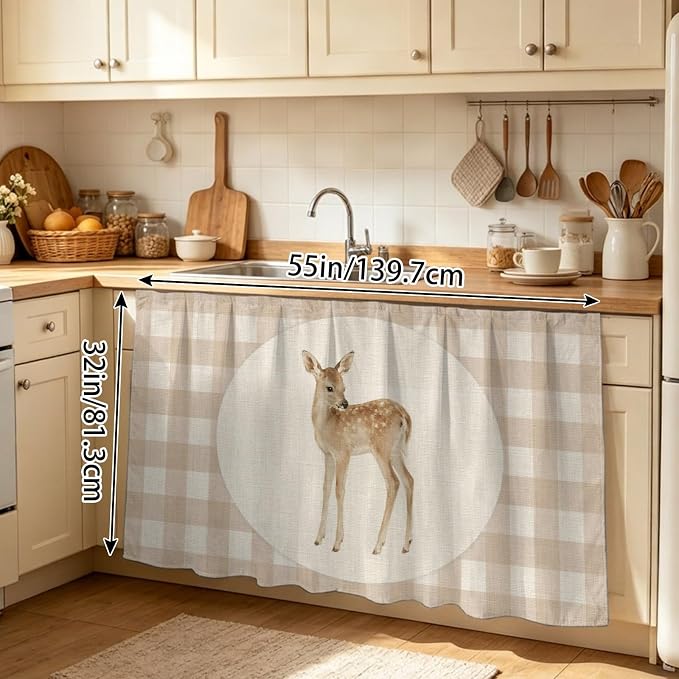 Resting Fawn Sink Skirt for Bathroom, Self-Adhesive Under Sink Curtain, Retro Natural Animals Farmhouse Plaid Hide Pipes & Storage Fabric Cabinet Skirt Cover for Kitchen Laundry 32"x55"