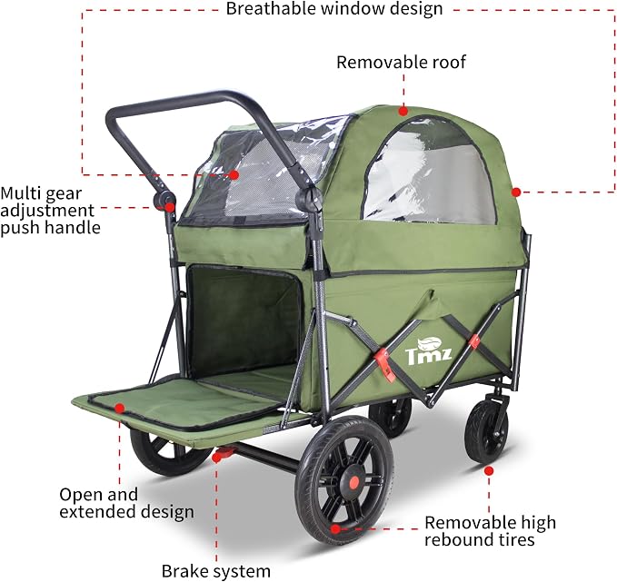 TMZ Collapsible Wagon Cart, Folding Utility Wagon with Breathable Fabric, Canopy, Expandable Storage, Adjustable Handle, Brake, Heavy Duty Cart for Walking & Camping (Green)