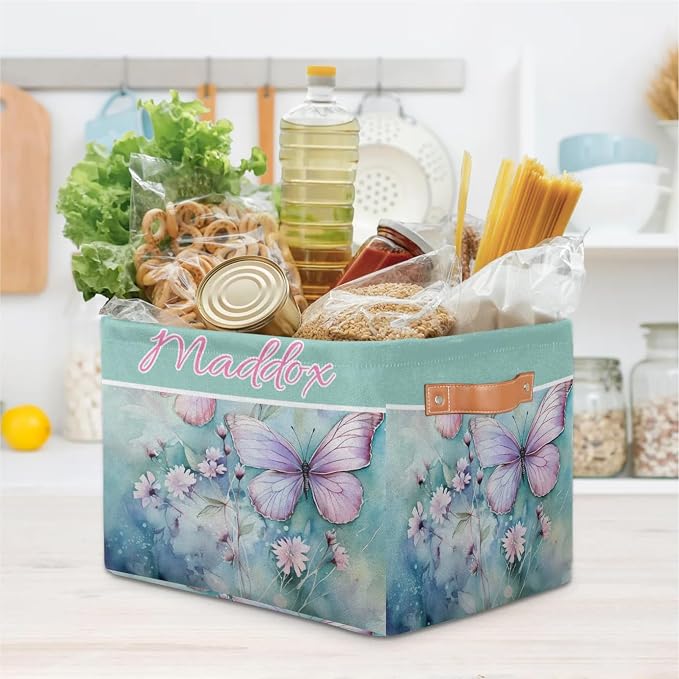 Custom Name Storage Bin, Personalized Rectangular Storage Basket with Handles for Organizing Boys Girls Toys Office Closet Shelf Baskets, Watercolor Pink Butterfly with Floral