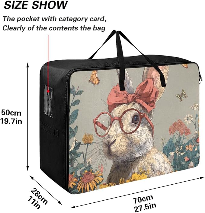Comforter Storage Bags Large Folding Blanket Organizer Bag with Strong Handles Clear Window Closet Storage Containers for Clothes King Queen Pillows Bedding Quilt Duvet Grey Easter Bunny and Wi