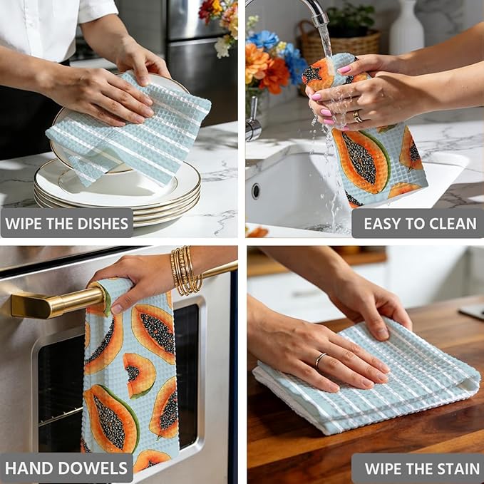 Papaya and Blue Stripes Kitchen Towels, Quick Dry Multipurpose Waffle Weave Hand Towels for Bathroom, Absorbent Reusable Cloth Tea Dish Towels for Home Decor, Papaya Lover Gift Towel Set of 2