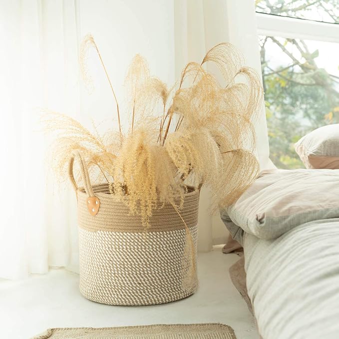 CHICVITA Wicker Storage Basket with Leather Handles, 14" x 12", White | Decorative Woven Basket for Toys, Shoes, Blankets & Laundry Storage, Living Room & Bedroom Organizer, Indoor Plant Basket