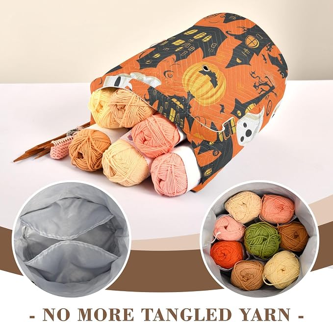 Tatenale Crochet Bag Yarn Bag Knitting Project Bag with Pockets and Handle Portable Yarn Storage Organizer Tangle Free 8.3x11 InchFunny Orange Halloween Bat Castle Ghost Pumpkins17