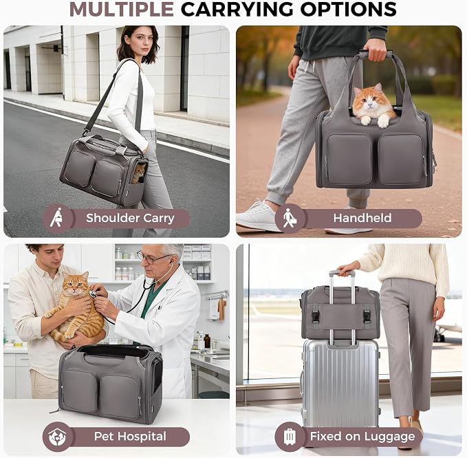 Dog Cat Carrier Airline Approved Collapsible Soft-Sided Pet Travel Bag | Pet Carrier Up to 12 lbs, Locking Zippers, Breathable Mesh, 4 Large Pockets, Removable Fleece Pad, Grey