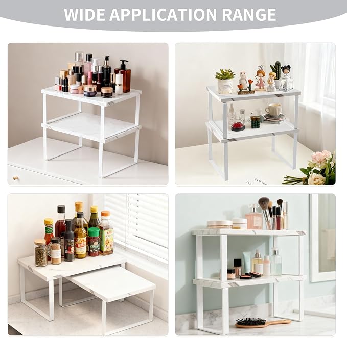 2 Pack Expandable Cabinet Shelf, Wood & Metal, White | 2pack expandable cabinet shelf organizer 11.8-23.2 wood&metal 35lbs white kitchen pantry spice rack stackable