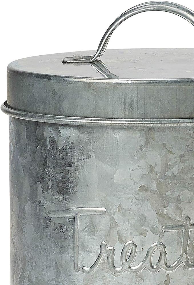 Amici Pet, , Retro Treats Galvanized Relief Lettering Metal Storage Canister, Food Safe, Push Top, 72 Ounces