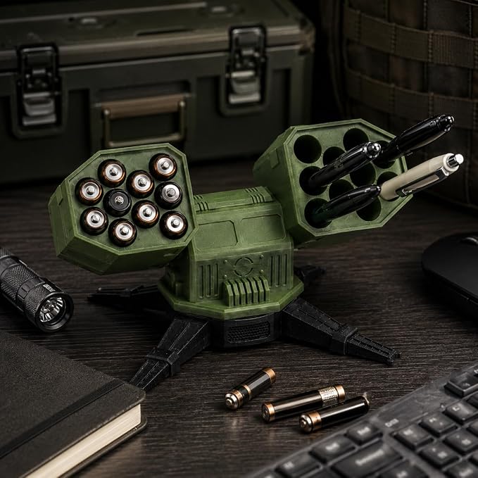Rotatable Missile Launcher Desk Organizer - Multifunctional Pen Holder and AAA Battery Storage (Holds 20 AAA), Tactical Military Desk Accessory, Office Decor Gift for Men Geeks Gamers