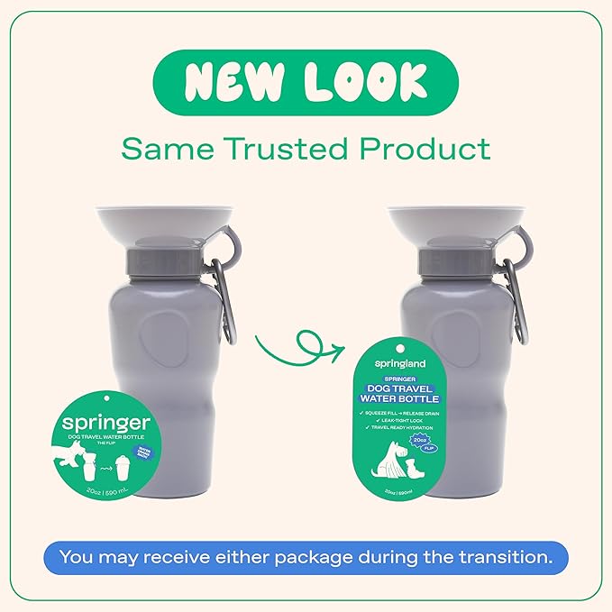 Springer Dog Water Bottle | Portable Travel Drinking Feeder Dispenser for Dogs & Puppies | As Seen on Shark Tank | Leak-Proof Bowl | BPA-Free | Outdoor Walking, Hiking & Travel | 22oz Gray
