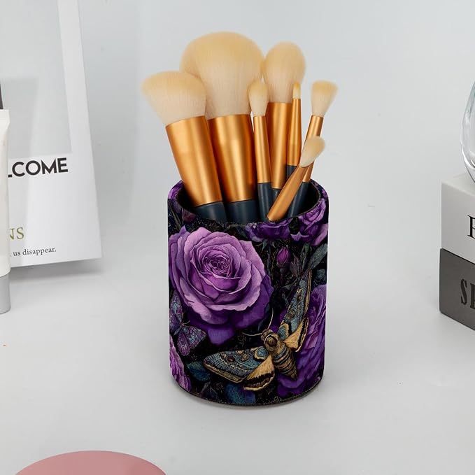 Faux Leather Pen Holder for Desk, Pencil Organizer Purple Flowers Pen Cup Desk Decor Makeup Brush Holder Storage for Office Home