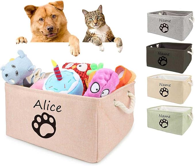 Personalized Dog Toy Storage Basket Bin Collapsible Customized Pet's Name Storage, Organizer for Dog Toys、Clothing、Apparel & Accessories with Box Paw Print(Beige-M)