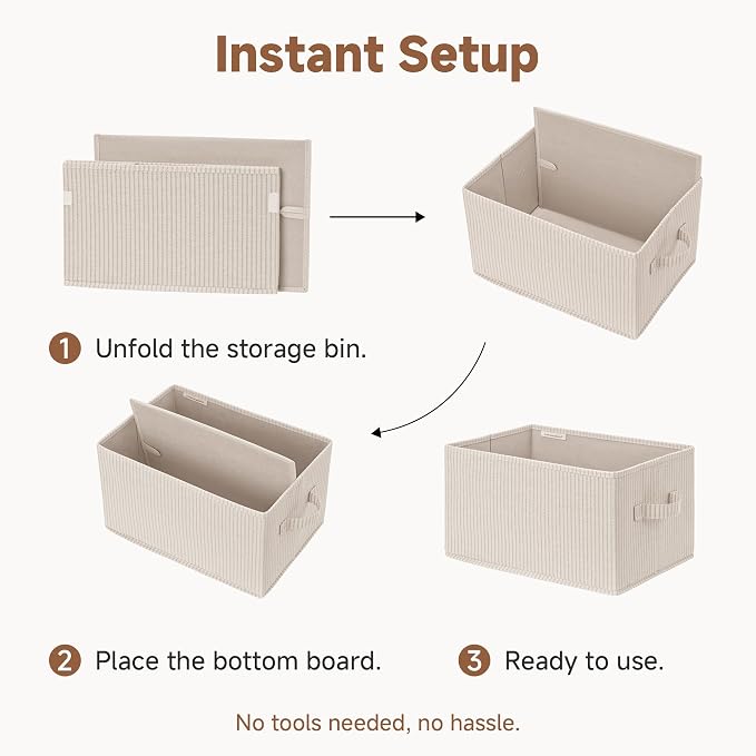 StorageWorks Shelf Organizer Bins, Beige Stripes, Extra Large, 3-Pack | Foldable Shelf Organizer Bins, Closet Storage Baskets for Clothes, Storage Bins for Organization